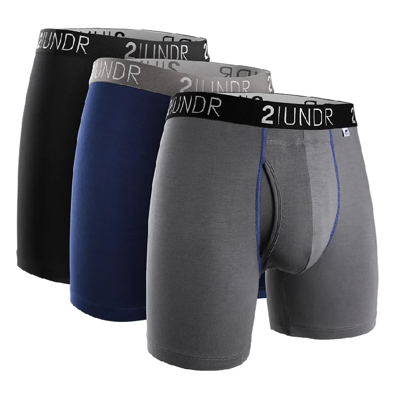 Printed men's boxer briefs with fun designsSwing Shift 6" Boxer Brief - 3 Pack Boxset - Black - Grey - Navy