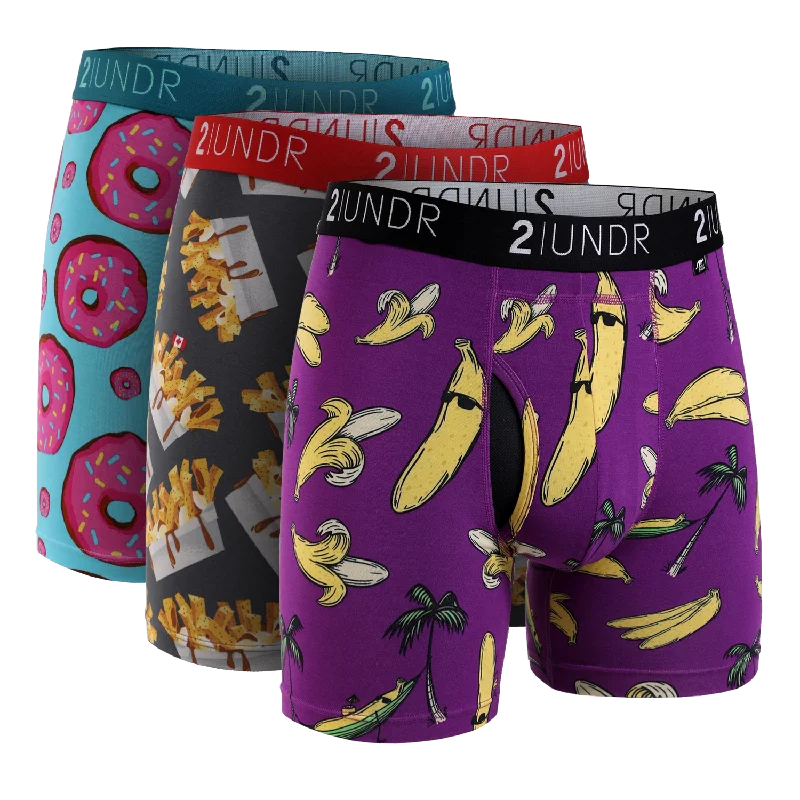 High - rise men's boxer briefs for extra supportSwing Shift 6" Boxer Brief - 3 Pack Boxset - Donuts/Poutine/Banana