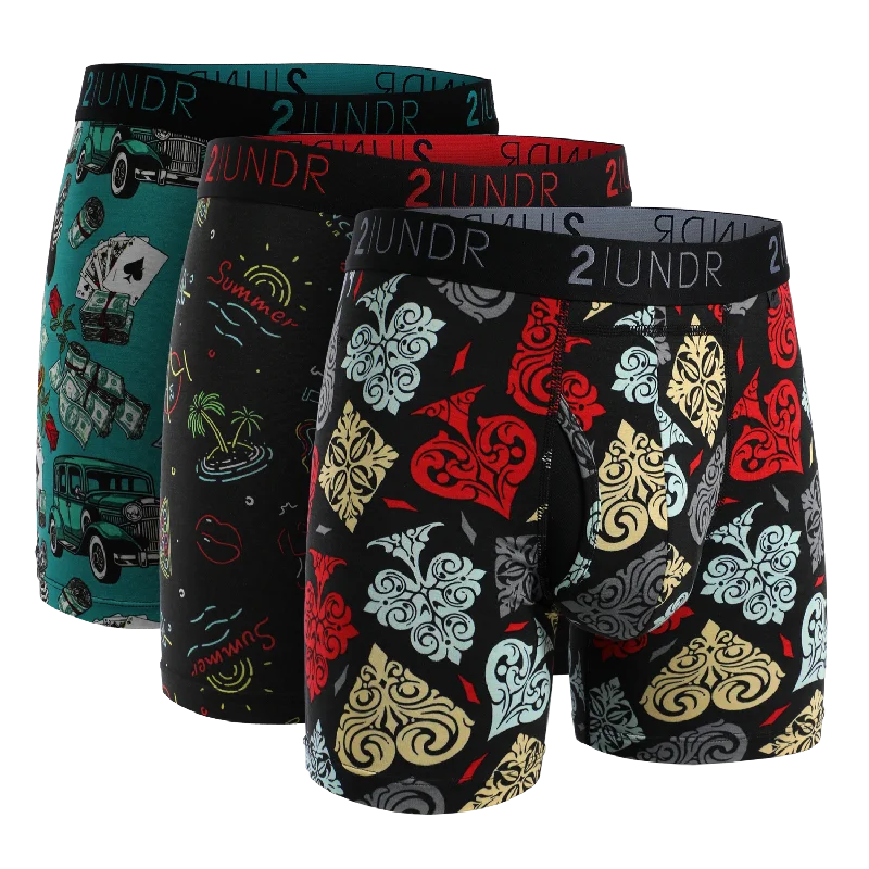 Patterned men's boxer briefs, such as stripes or checksSwing Shift 6" Boxer Brief - 3 Pack Boxset - Mobsters-Vegas-Spades