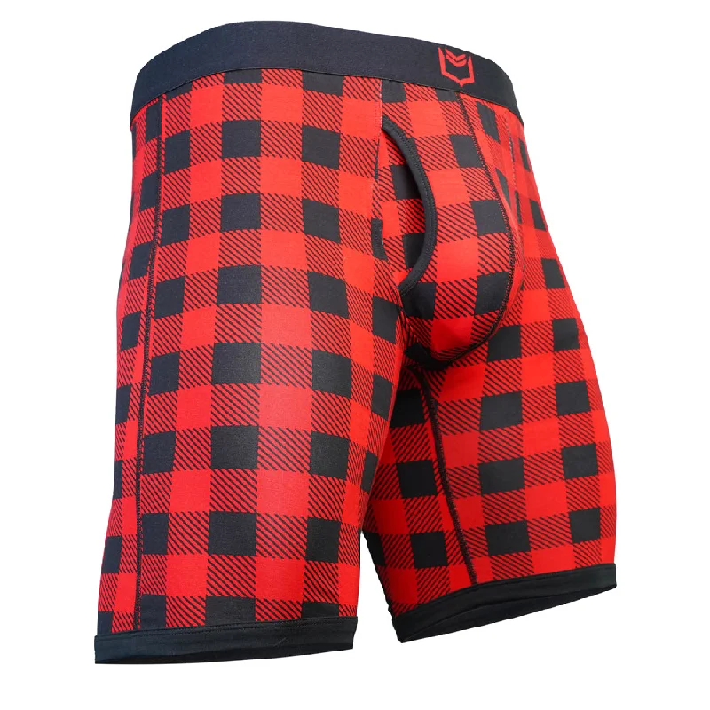 High - rise men's boxer briefs for extra supportSHEATH V Bamboo Plaid Men's 8" Sports Performance Boxer Brief