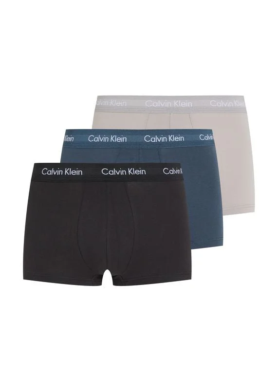 Men's trunks with a wide elastic waistbandCalvin Klein Mens Cotton Stretch Low Rise Trunk 3 Pack - Black, Hemisphere Blue, Ash