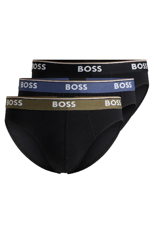 Men's briefs with a double - layer pouch for extra protectionBOSS Men's Power 3 Pack Briefs - Black/Blue/Olive Waistbands