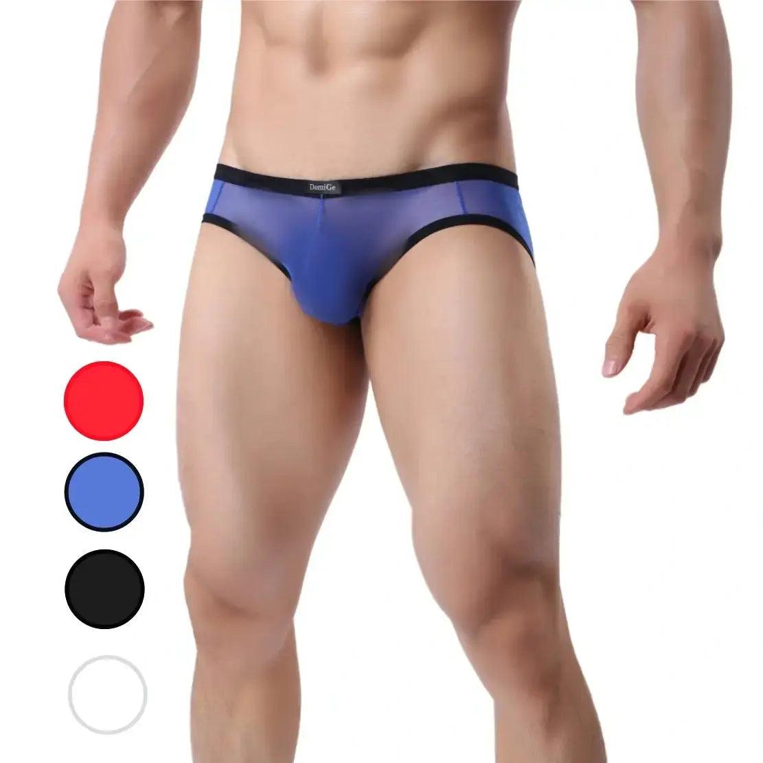 Men's briefs with a lace trim for a touch of flairDomiGe Men's Sheer Briefs with Contoured Pouch and Logo Waistband