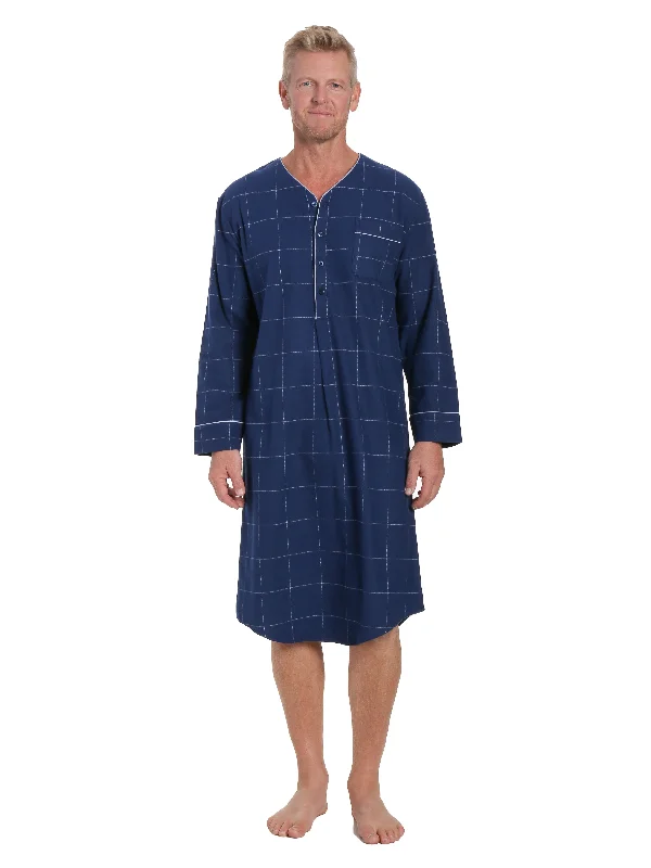 Embroidered men's robes for a touch of eleganceMens 100% Cotton Flannel Nightshirt - Windowpane Checks Dark Blue