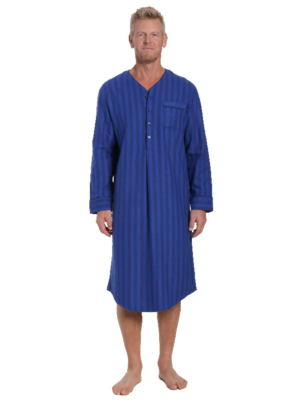 Lightweight men's robes for summer loungingMens 100% Cotton Flannel Nightshirt - Stripes Tonal Blue