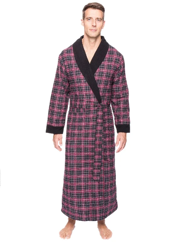 Embroidered men's robes for a touch of eleganceMen's Premium 100% Cotton Flannel Fleece Lined Robe - Burgundy/Grey