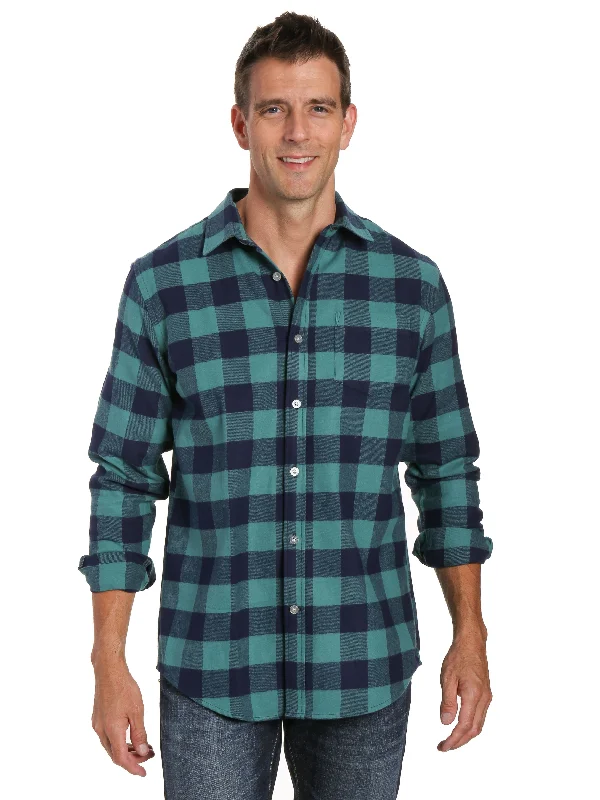 Tie - waist men's robes for a customizable fitMens 100% Cotton Flannel Shirt - Regular Fit - Gingham Checks - Blue-Green