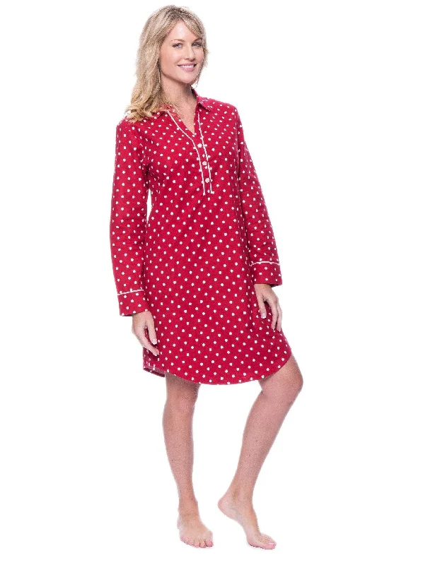 Lightweight men's robes for summer loungingNoble Mount Womens Premium 100% Cotton Flannel Long Sleeve Sleep Shirt - Dots Diva Red