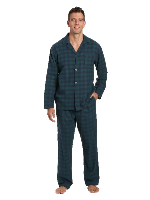 Jacquard - patterned men's robes for a stylish appearanceMen's 100% Cotton Flannel Pajama Set - Gingham Navy-Green