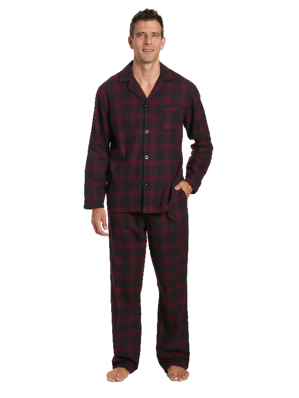 Men's robes with a hidden button closureMen's 100% Cotton Flannel Pajama Set - Plaid Fig-Black