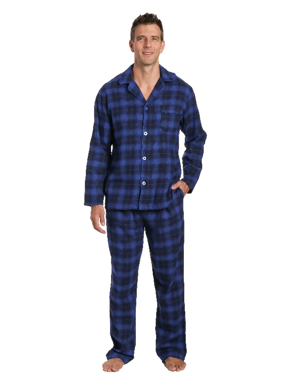 Luxury men's silk robes for a spa - like experienceMen's 100% Cotton Flannel Pajama Set - Plaid Blue-Navy