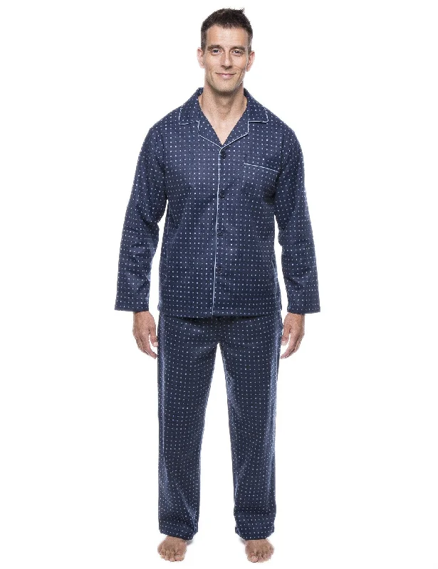 Plush men's robes with a Sherpa liningMen's 100% Cotton Flannel Pajama Set - Floating Squares Dark Blue