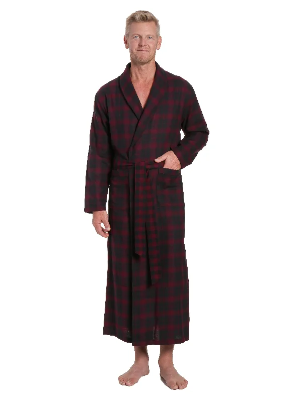 Embroidered men's robes for a touch of eleganceMen's 100% Cotton Flannel Long Robe - Plaid Fig-Black