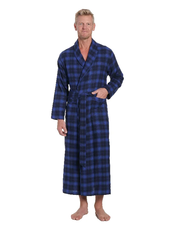 Monogrammed men's robes as a personalized giftMen's 100% Cotton Flannel Long Robe - Plaid Blue-Navy