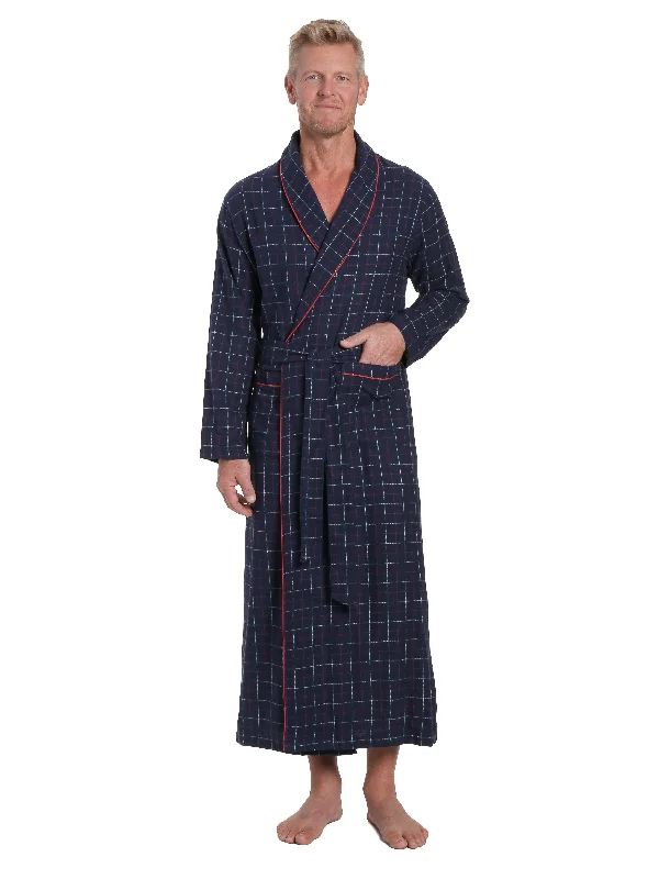 Lightweight men's robes for summer loungingMen's 100% Cotton Flannel Long Robe - Plaid Navy-Multi