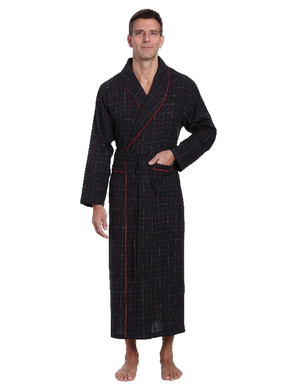 Plush men's robes with a Sherpa liningMen's 100% Cotton Flannel Long Robe - Plaid Black-Multi