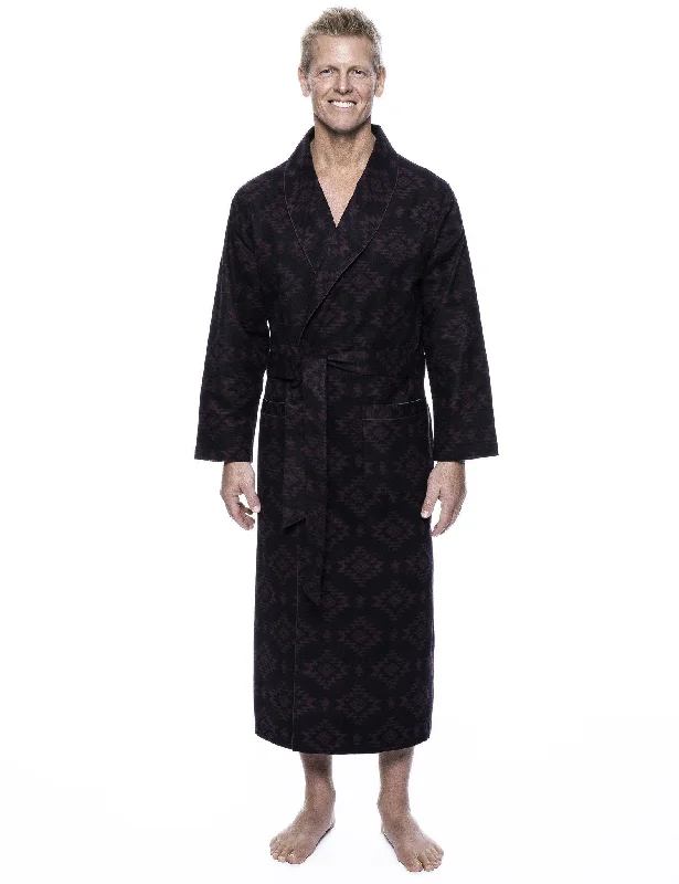 Long - length men's robes for full - body coverageMen's 100% Cotton Flannel Long Robe - Aztec Black/Fig