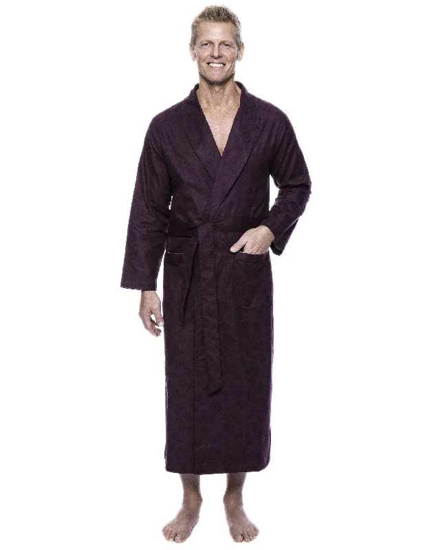 Waffle - weave men's robes for a textured feelMen's 100% Cotton Flannel Long Robe - Paisley Fig/Black