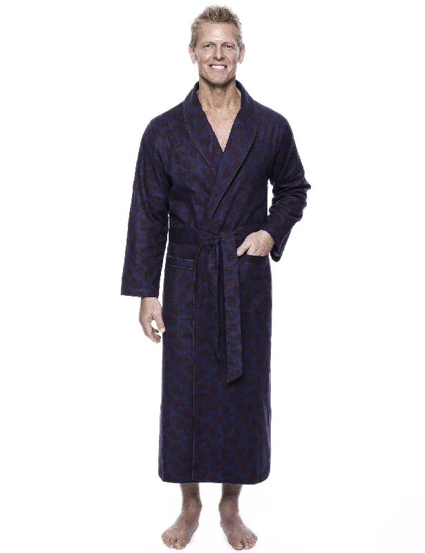 Water - resistant men's robes for post - shower useMen's 100% Cotton Flannel Long Robe - Paisley Navy/Brown