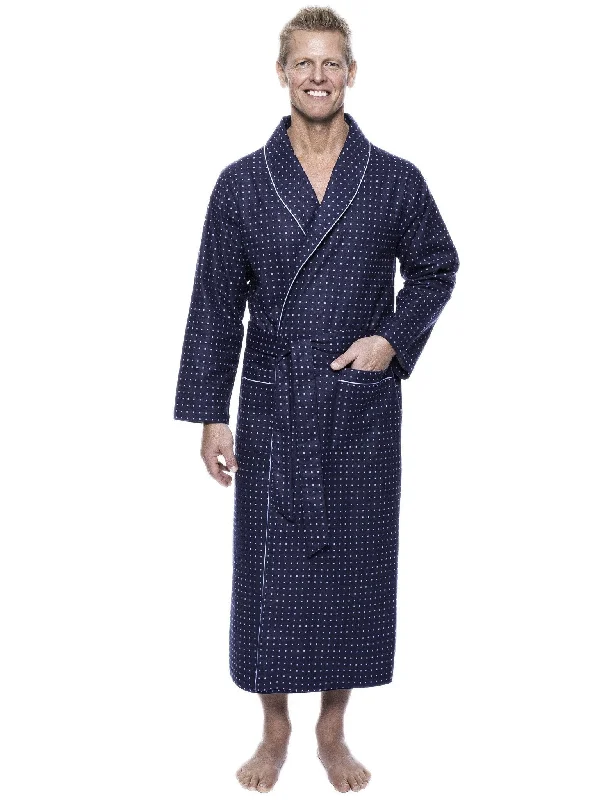 Men's robes with multiple pockets for convenienceMen's 100% Cotton Flannel Long Robe - Floating Squares Dark Blue