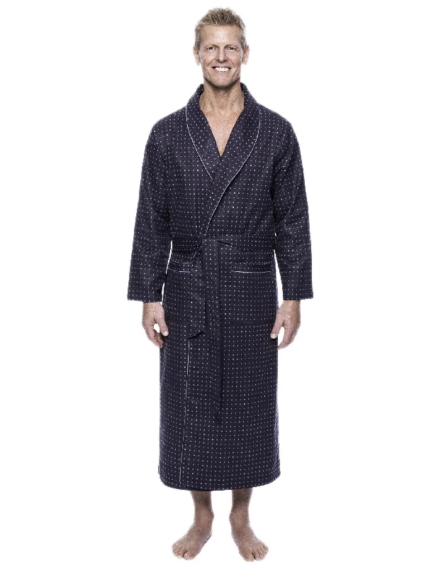 Tie - waist men's robes for a customizable fitMen's 100% Cotton Flannel Long Robe - Floating Squares Dark Grey