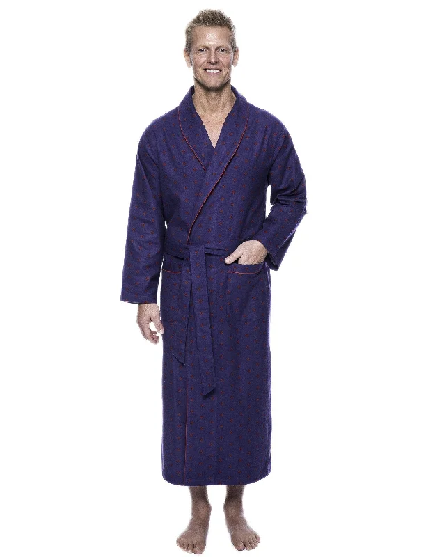 Jacquard - patterned men's robes for a stylish appearanceMen's 100% Cotton Flannel Long Robe - Double Diamond Navy/Red