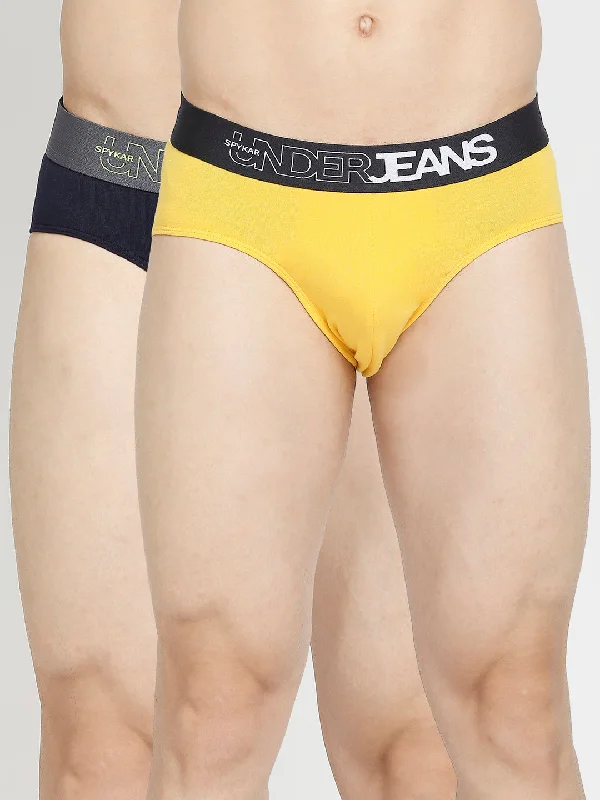 Bright - colored men's briefs for a bold statementMen Premium Yellow & Navy Blue Cotton Blend Brief - Pack Of 2- Underjeans By Spykar