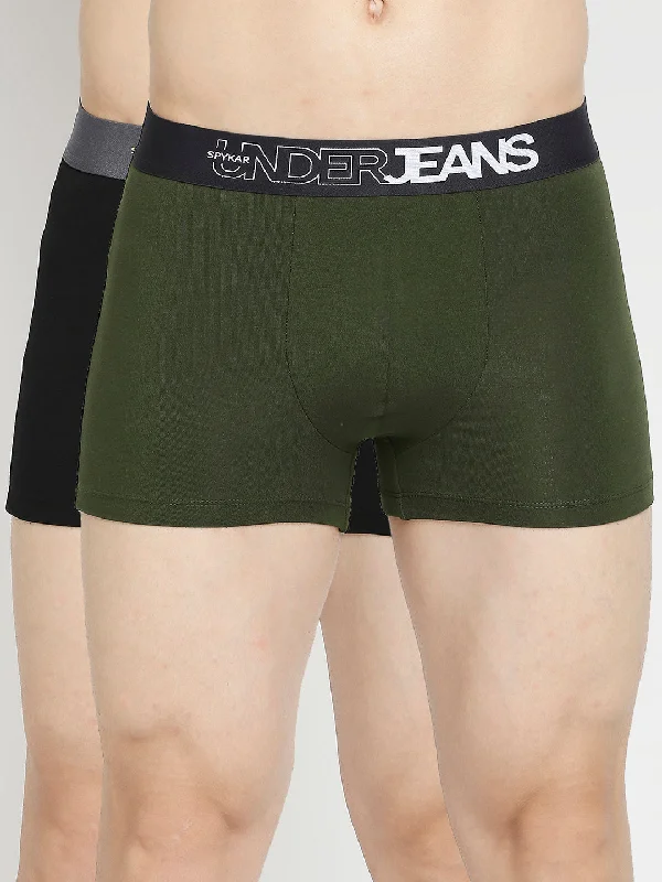 Designer men's trunks with a fashionable edgeMen Premium Olive & Black Cotton Blend Trunk - Pack Of 2- Underjeans By Spykar