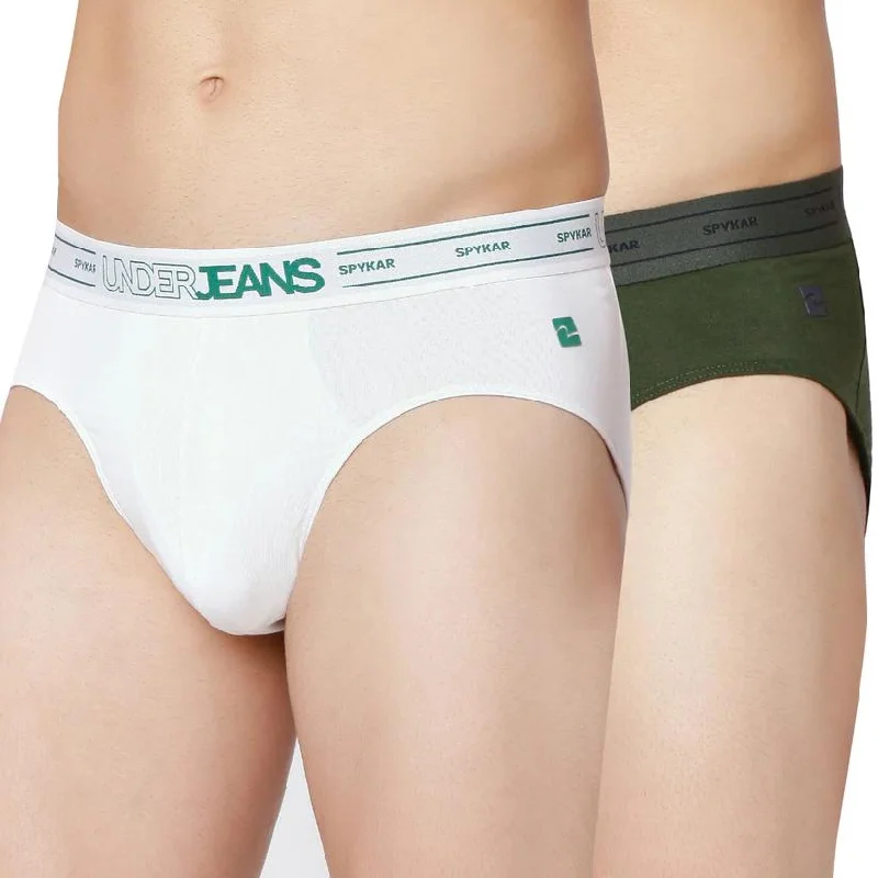 Performance men's briefs for athletesMen Premium Olive & White Cotton Blend Brief (Pack Of 2)- Underjeans By Spykar