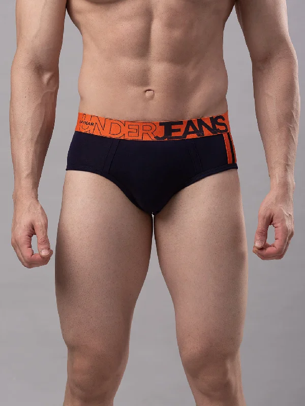 Seamless men's briefs for a smooth look under clothesMen Premium Cotton Blend Navy-Orange Brief- Underjeans By Spykar